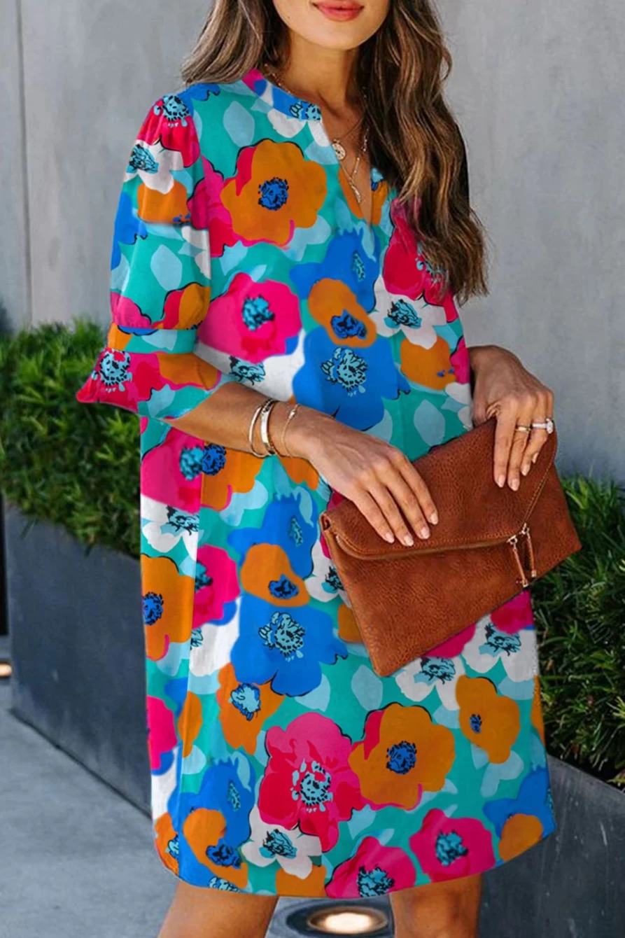 Shewin Women's Multicolor Floral Print Mandarin Collar Short Sleeve Tunic Dress