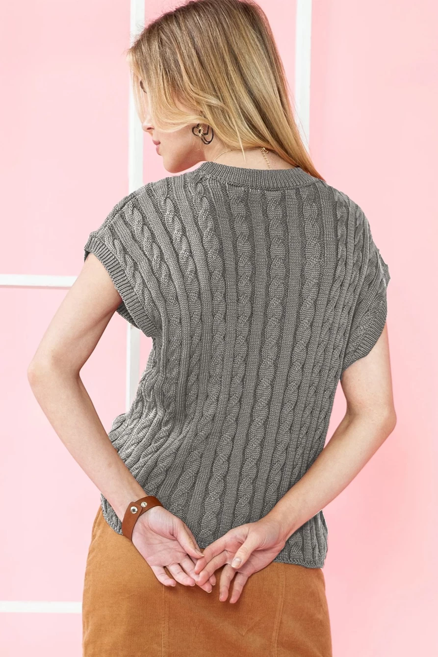 Women's Gray Solid Cable Knit Short Sleeve Round Neck Sweater | Shewin