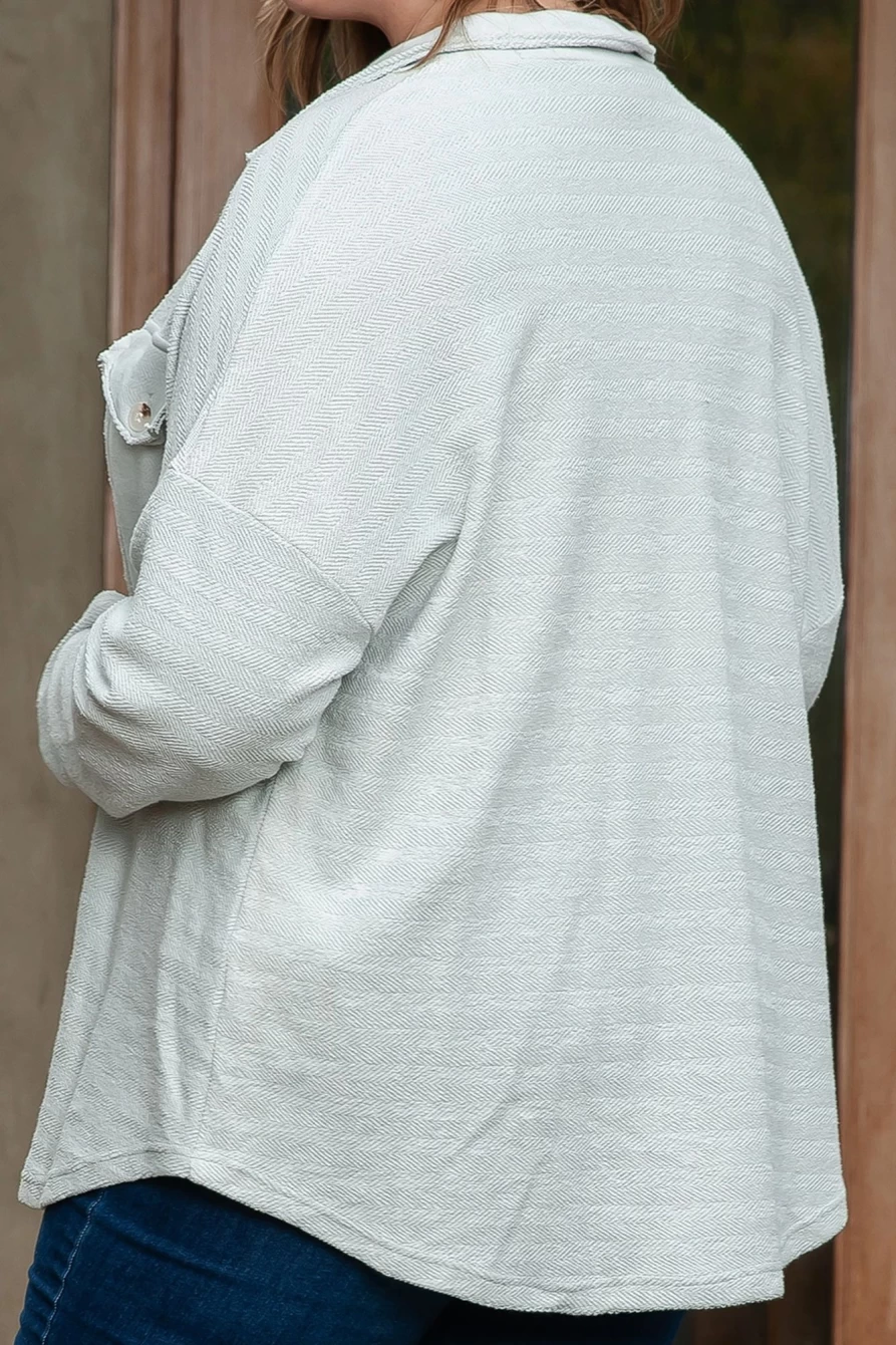 Shewin Women's Plus Size Gray Shacket with Exposed Seam & Flap Pockets