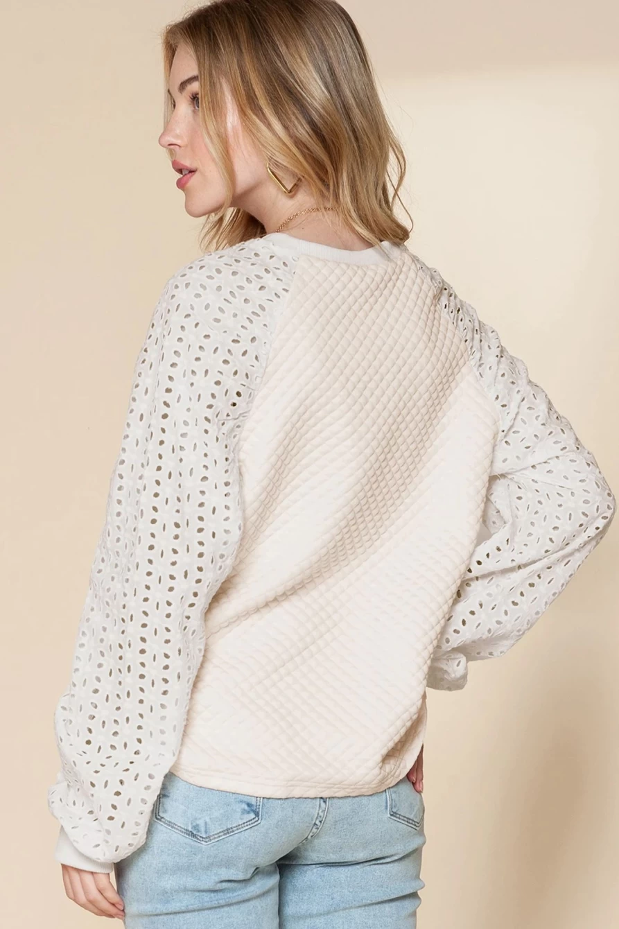Shewin Women's Parchment Quilted Patchwork Sweatshirt with Eyelet Sleeve Details