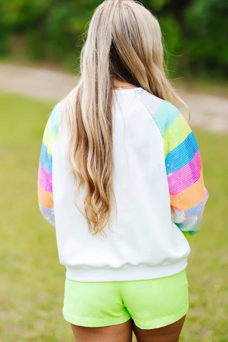 Women's White Sequin Heart Print Sweatshirt - Striped Raglan Sleeve Graphic Top by Shewin