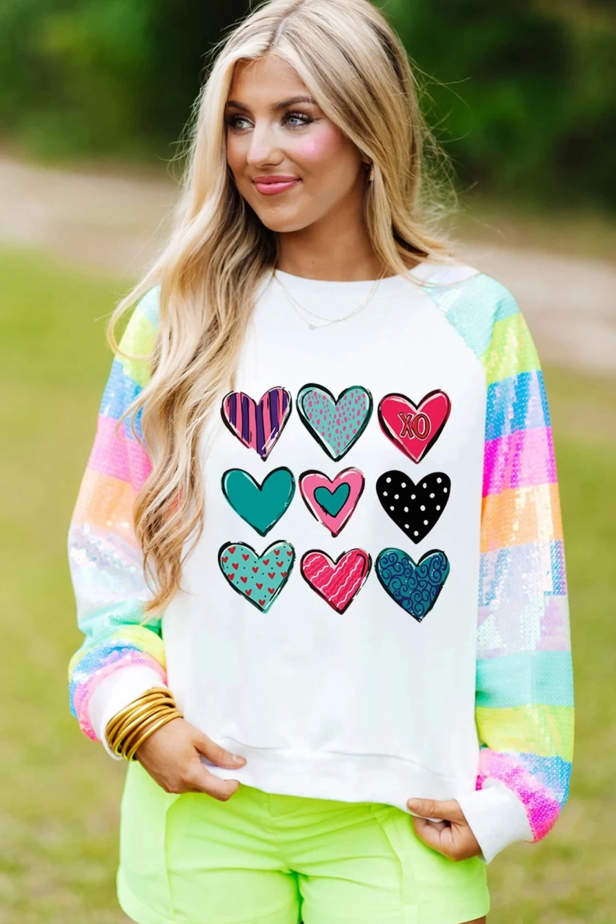 Women's White Sequin Heart Print Sweatshirt - Striped Raglan Sleeve Graphic Top by Shewin