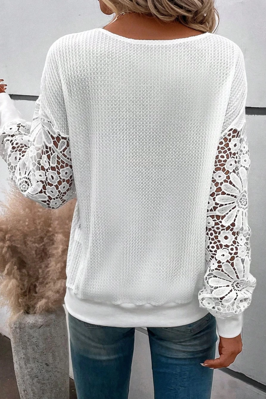 Shewin Women's Plus Size White Contrast V-Neck Lace Long Sleeve Tops