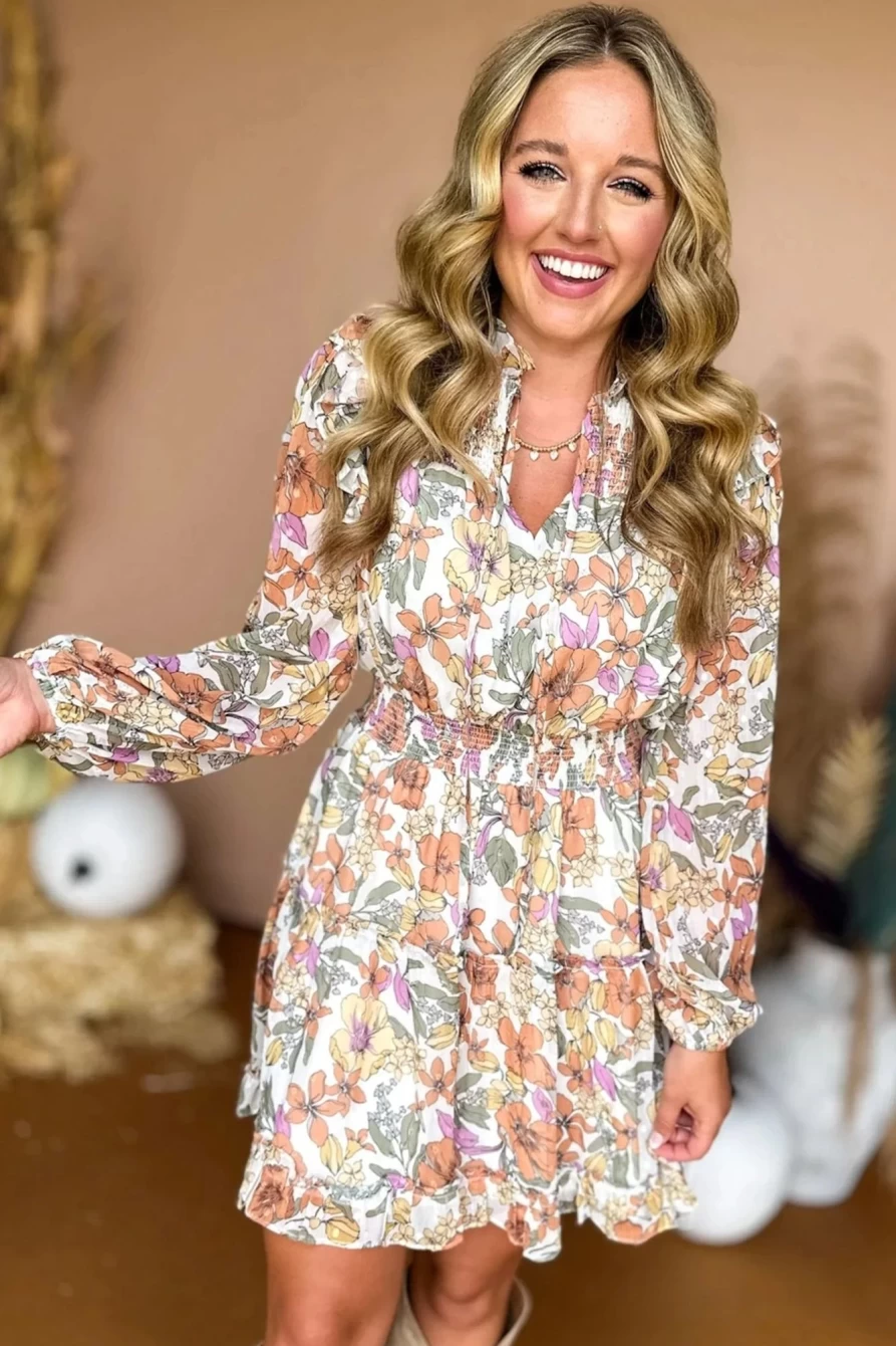 Shewin Women's White Boho Floral Smocked Tiered Maxi Dress - Bohemian Summer Beach Dress