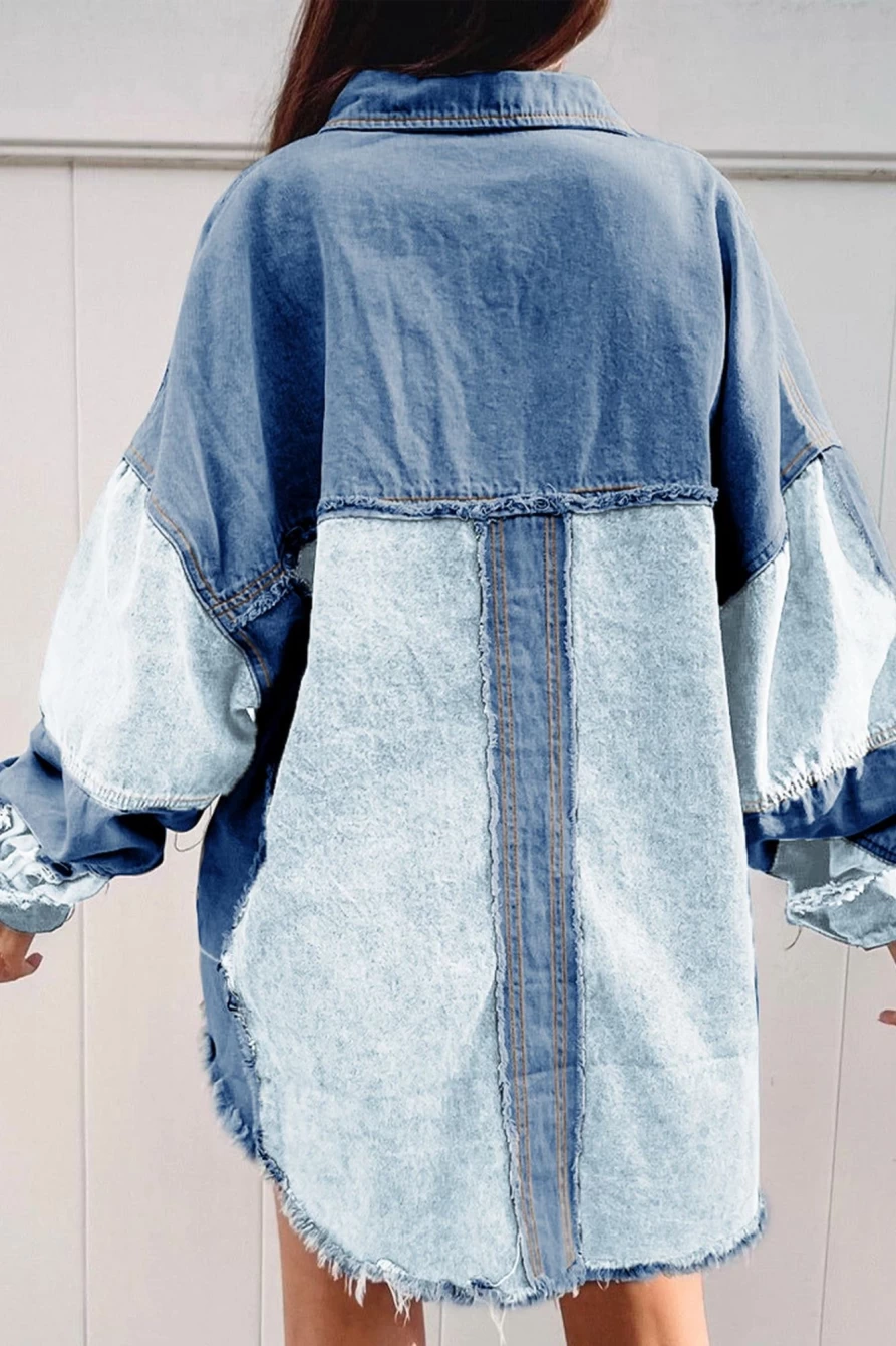 Shewin Women's Blue Oversized Denim Shacket with Patchwork Detail & Raw Hem