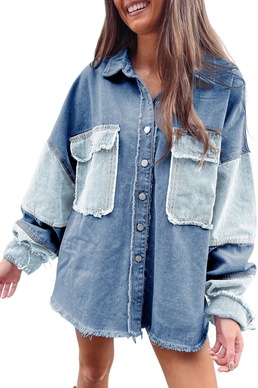 Shewin Women's Blue Oversized Denim Shacket with Patchwork Detail & Raw Hem
