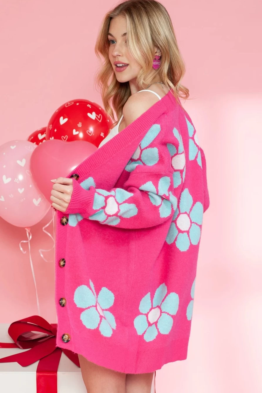 "SheWin Women's Strawberry Pink Floral Drop Shoulder Button-Up Cardigan Sweater"