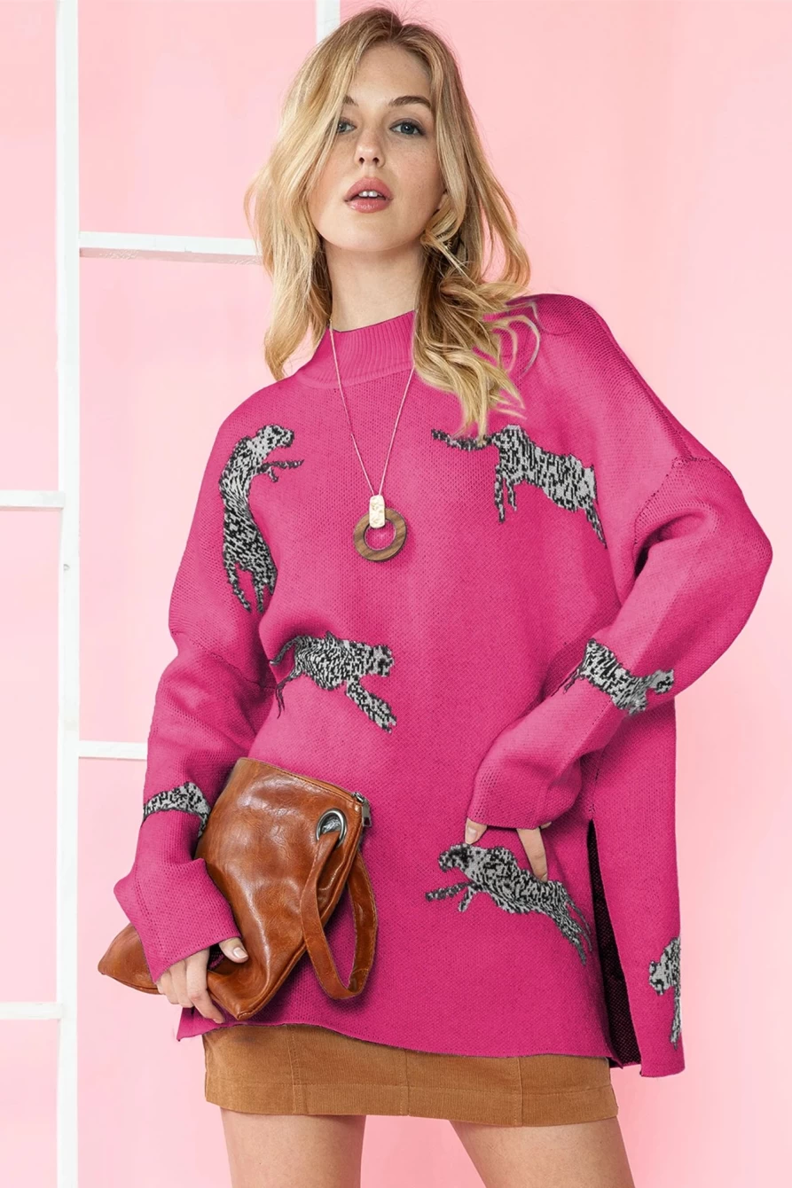 Shewin Women's Rose Red Cheetah Print High Neck Split Hem Sweater
