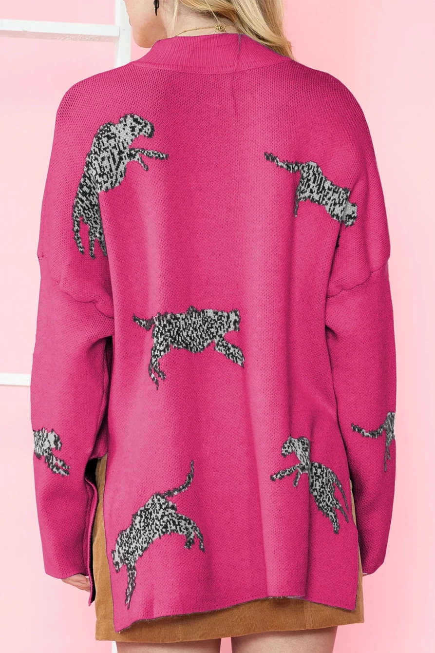 Shewin Women's Rose Red Cheetah Print High Neck Split Hem Sweater