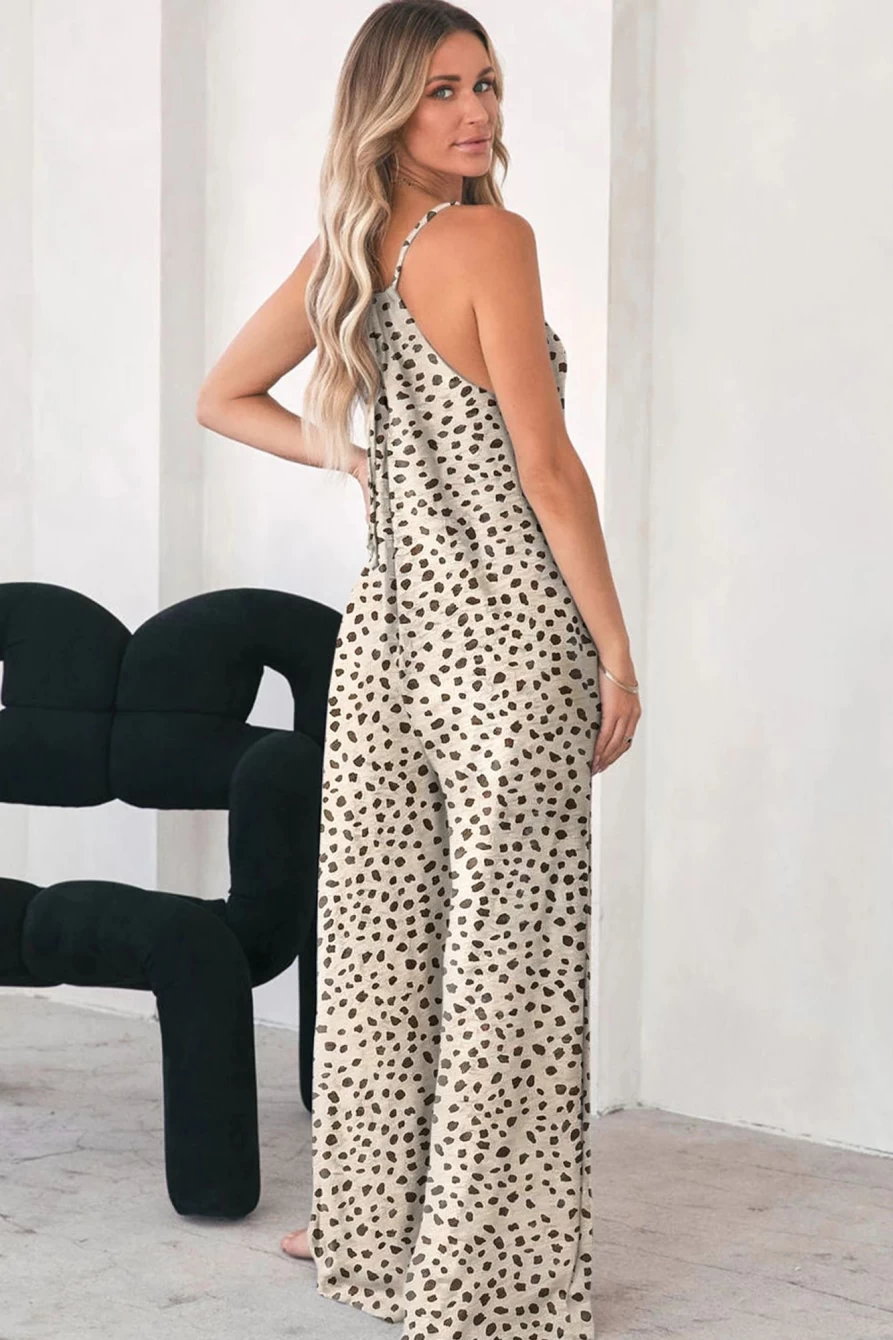 Shewin Women's Khaki Leopard Print U-Neck Spaghetti Strap Wide Leg Jumpsuit
