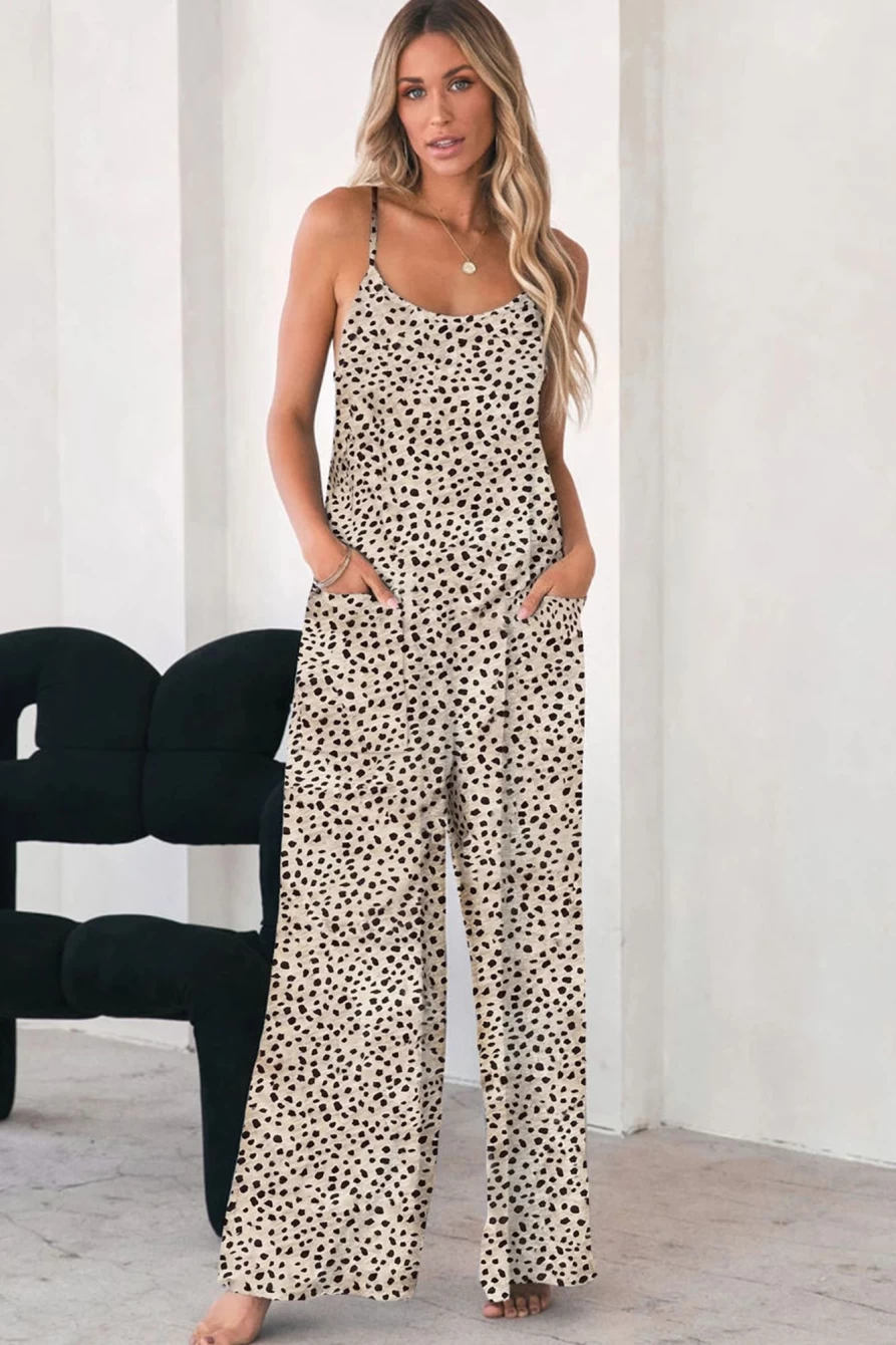 Shewin Women's Khaki Leopard Print U-Neck Spaghetti Strap Wide Leg Jumpsuit