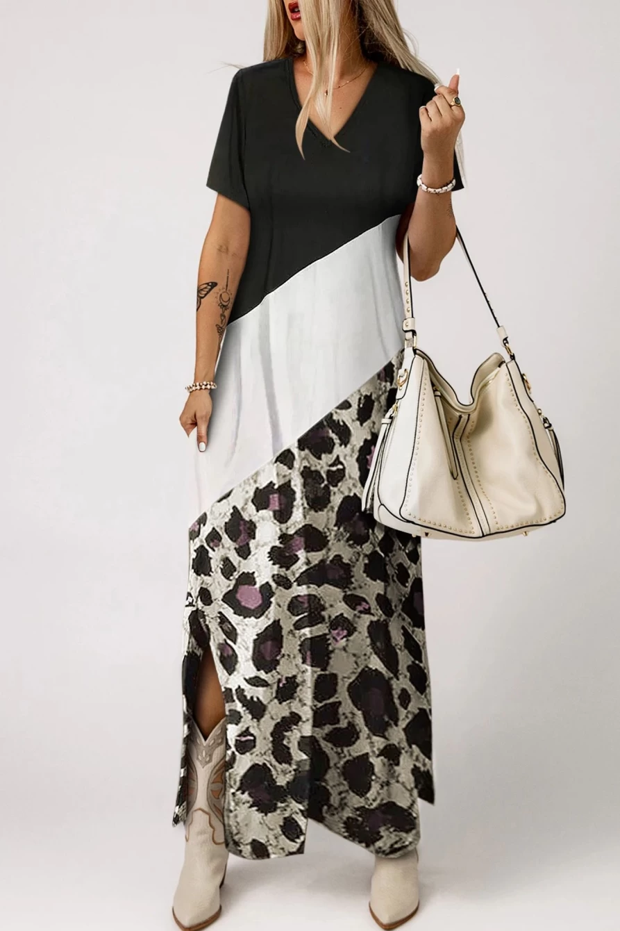 Shewin Women's Black Leopard Print Color Block Maxi Dress with Side Slit