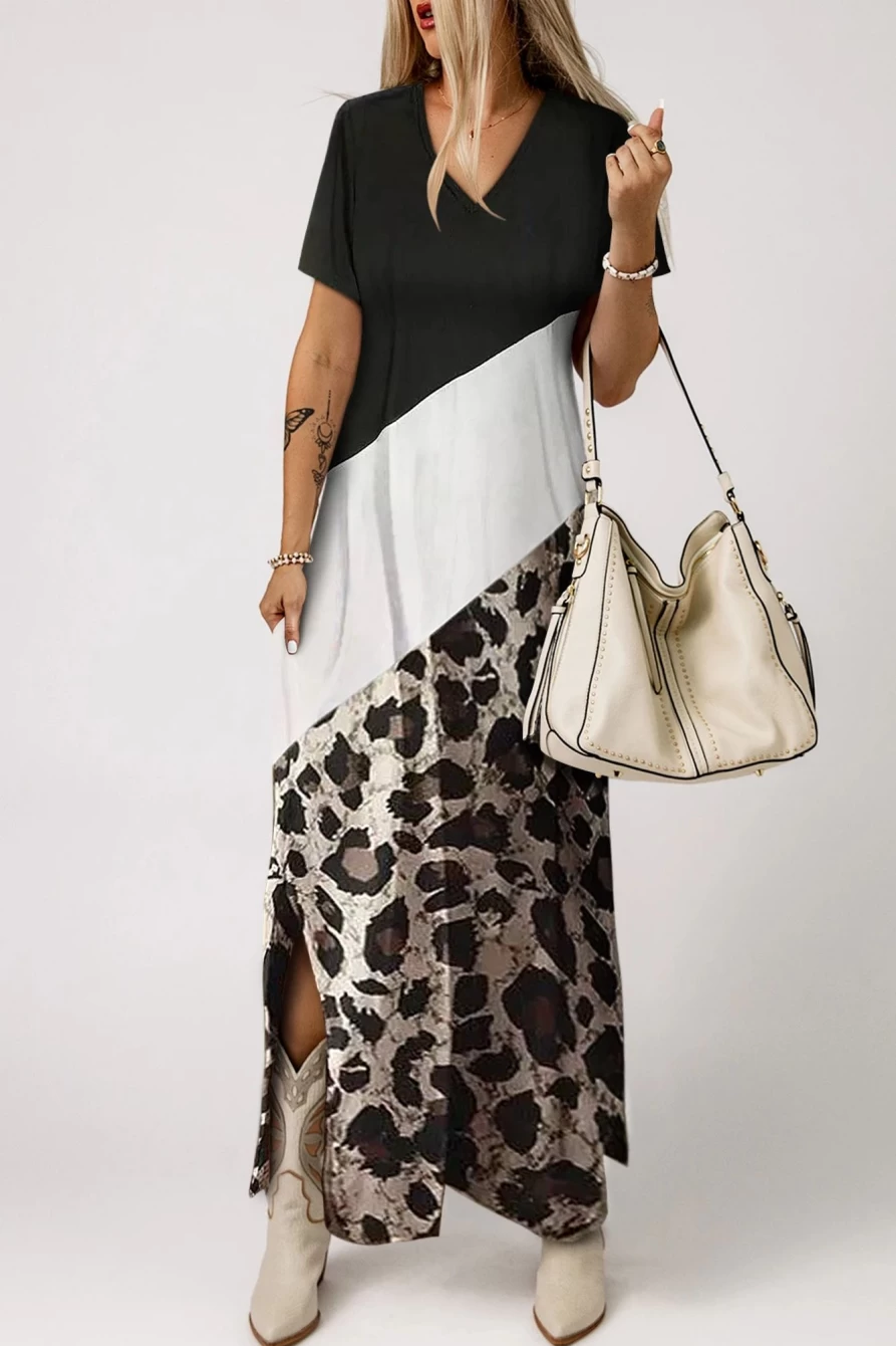 Shewin Women's Black Leopard Print Color Block Maxi Dress with Side Slit