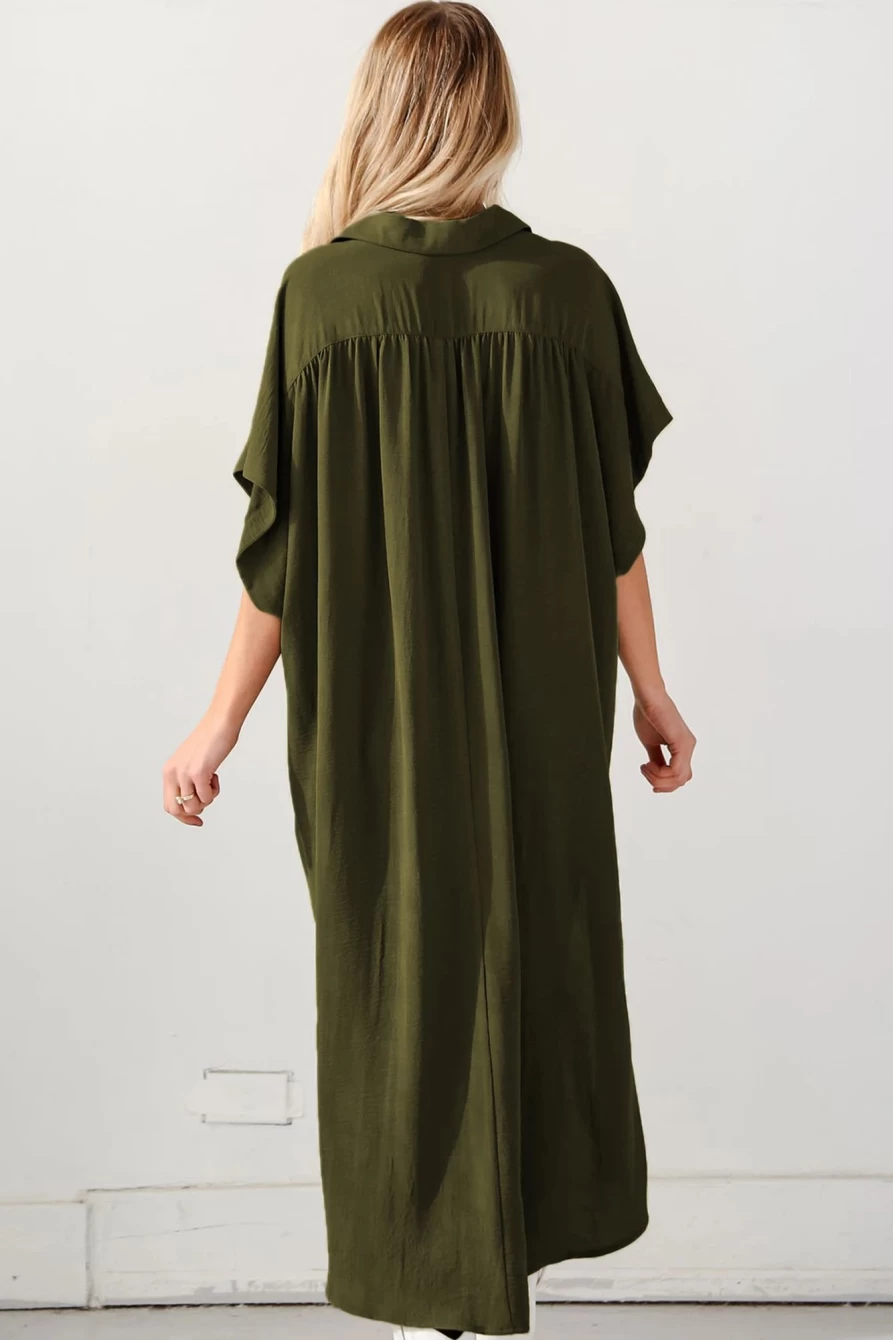 Shewin Women's Jungle Green Loose High-Low Shirt Dress with Side Slits & Short Sleeves