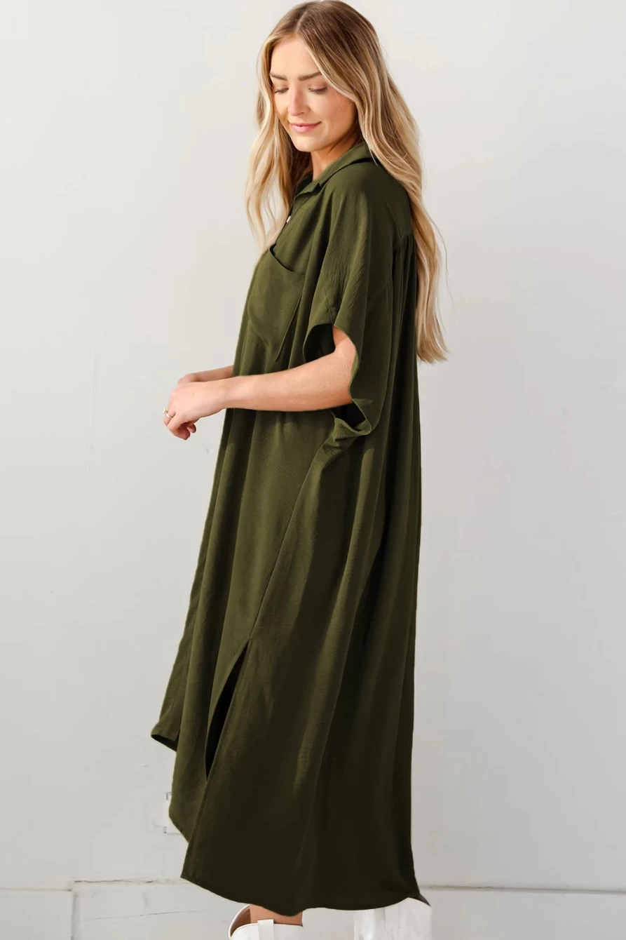 Shewin Women's Jungle Green Loose High-Low Shirt Dress with Side Slits & Short Sleeves