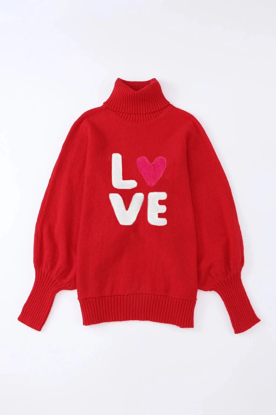 Shewin Women's Racing Red Love Letter Print Turtleneck Sweater with Batwing Sleeves