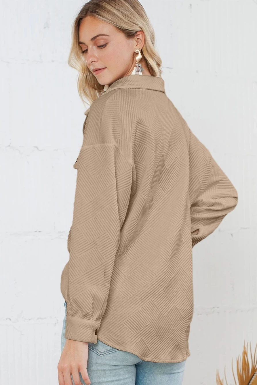 Shewin Women's Khaki Solid Textured Shacket with Flap Pockets & Button Closure