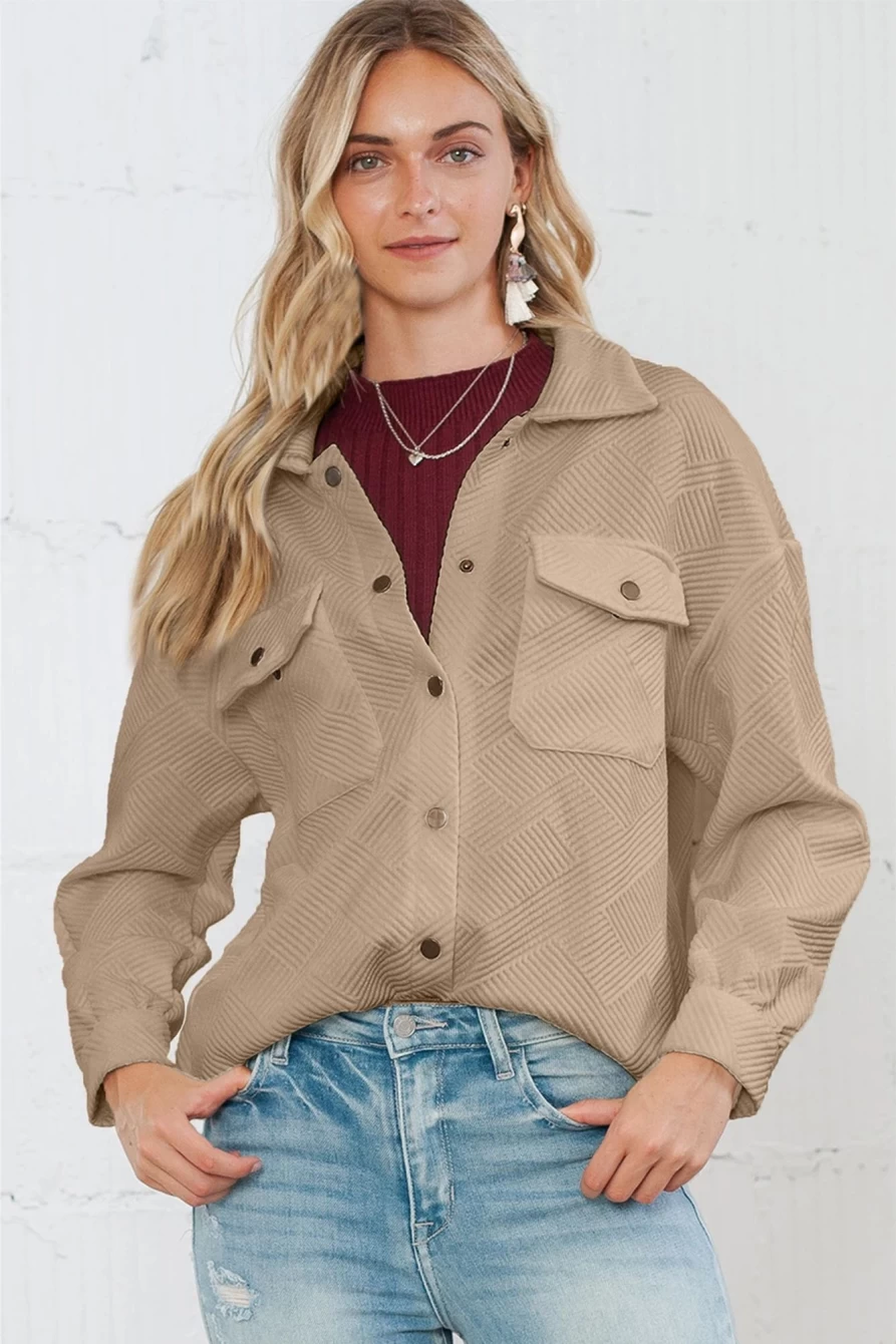 Shewin Women's Khaki Solid Textured Shacket with Flap Pockets & Button Closure