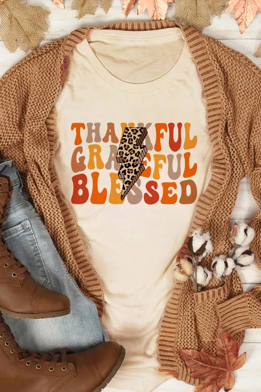 "SheWin Women's Khaki Leopard Print Graphic Tee - Thankful Graceful Blessed Lightning Design"