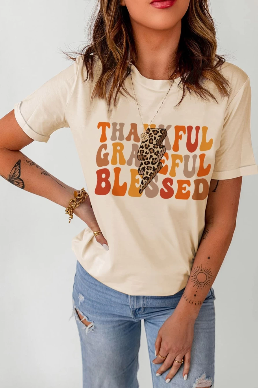 "SheWin Women's Khaki Leopard Print Graphic Tee - Thankful Graceful Blessed Lightning Design"