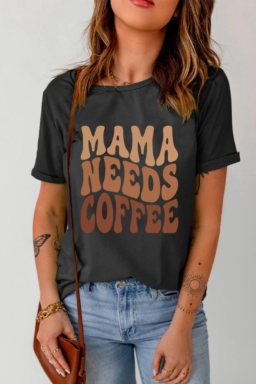 "Women's Black Graphic T-Shirt 'Mama Needs Coffee' by Shewin"