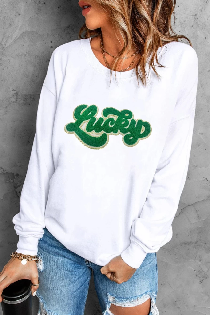 Shewin Women's White Shiny Trim Chenille Lucky Letter Graphic Sweatshirt
