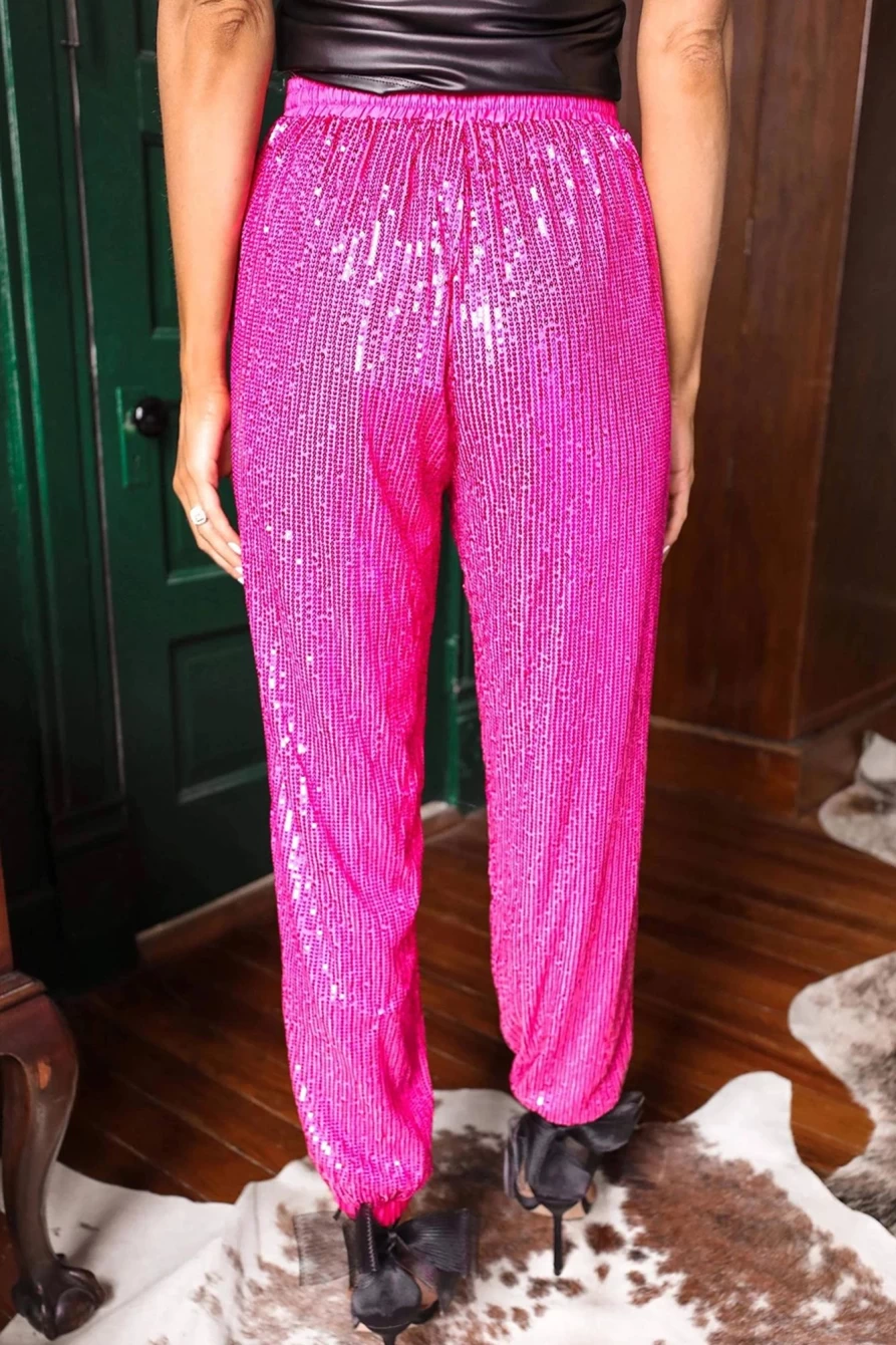 Shewin Women's Rose Sequin Tie Waist Elastic Jogger Pants for Casual Wear