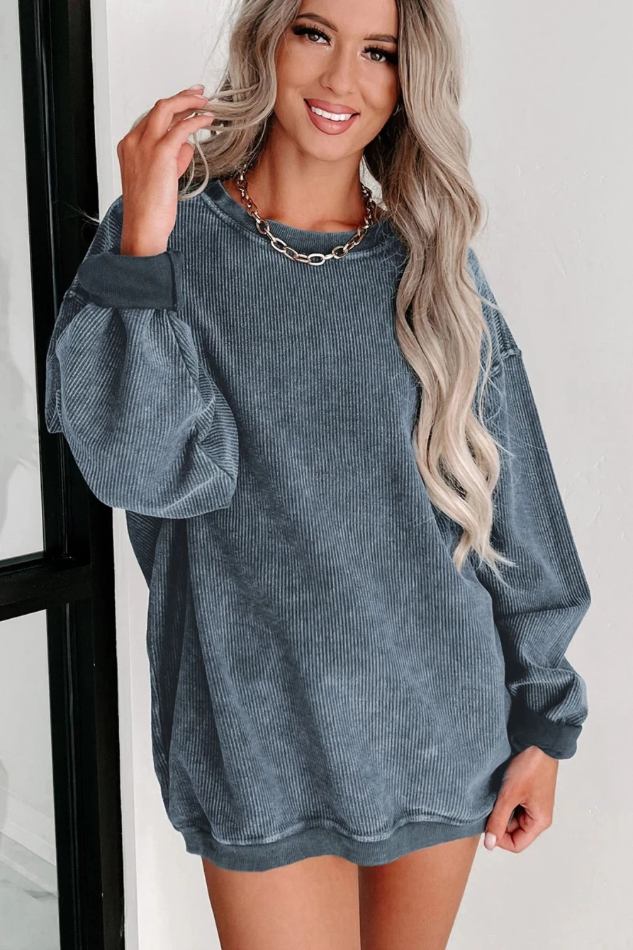 Shewin Women's Blue Solid Ribbed Knit Round Neck Pullover Sweater