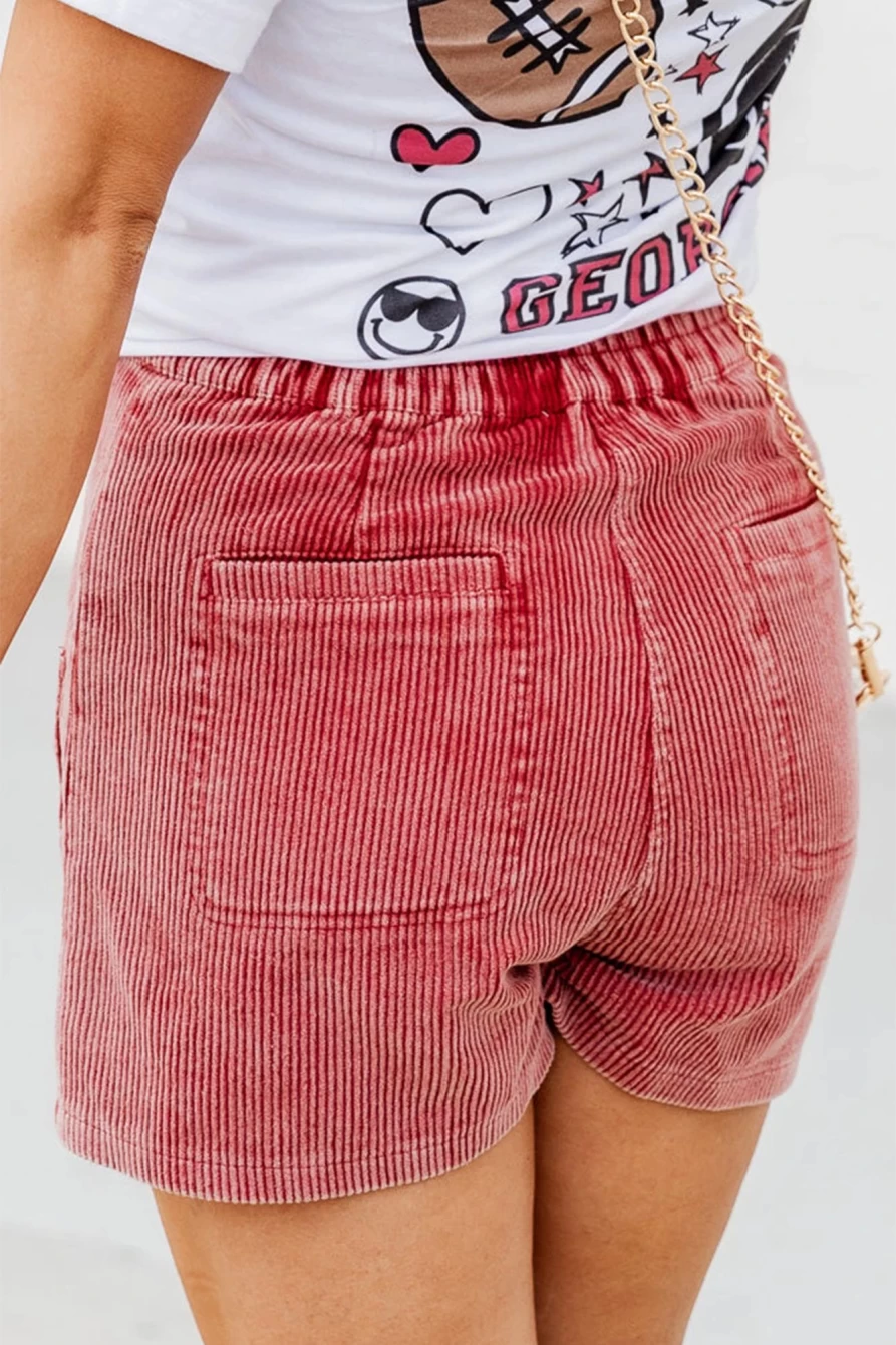 Shewin Women's Vintage Rose Pink Corduroy Shorts with Mineral Wash & Pockets