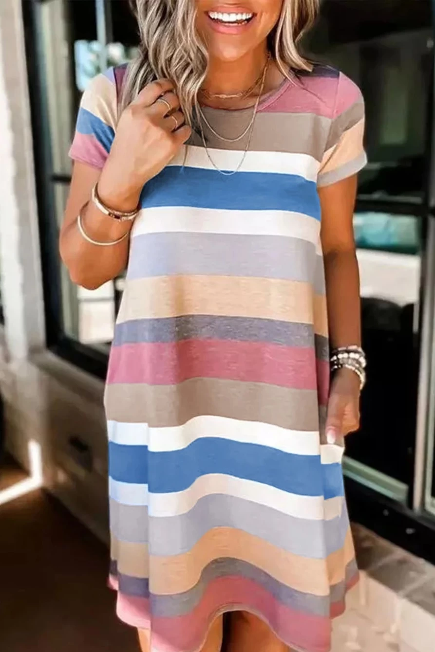 Shewin Women's Multicolor Striped Casual T-Shirt Dress with Color Block Pocket
