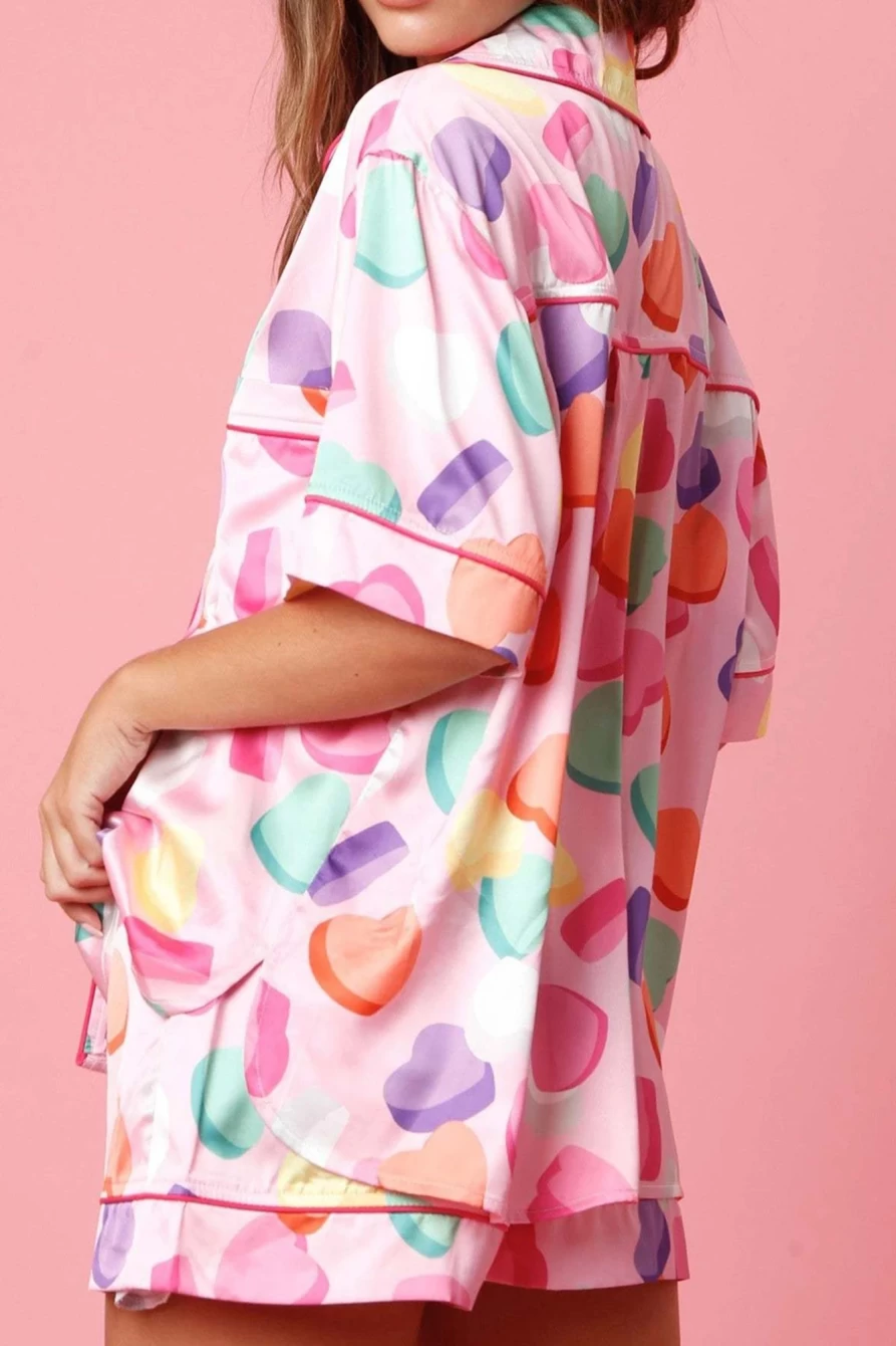 Shewin Women's Pink Satin Pajama Set - Full Pattern Shirt & Shorts Sleepwear