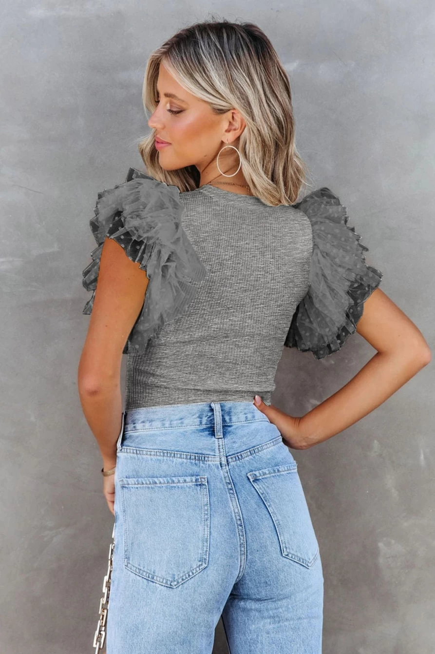 Shewin Women's Gray Dotty Layered Ruffle Ribbed Knit Top