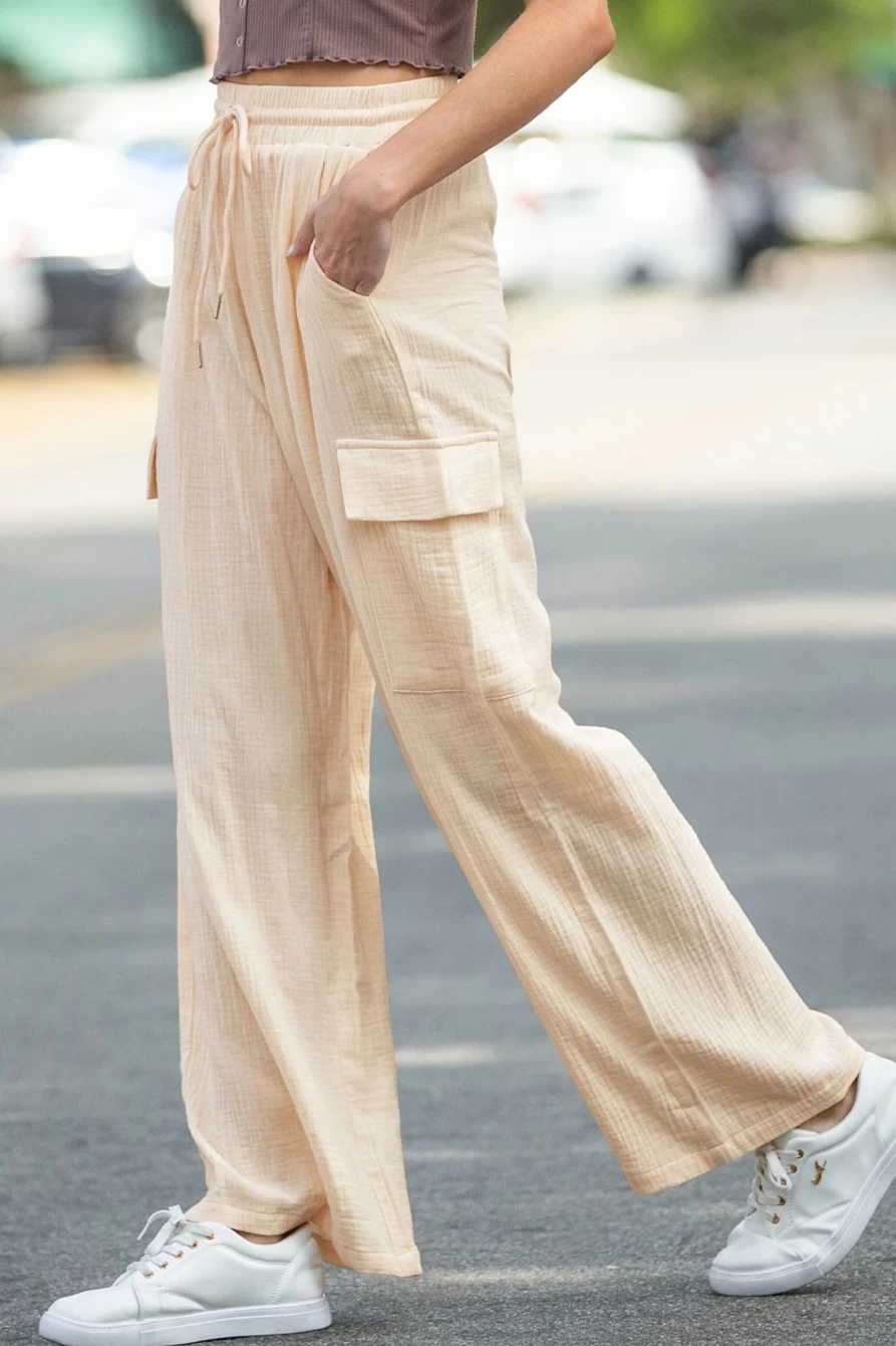 Shewin Women's Apricot High Waist Crinkled Cargo Pants with Loose Drawstring