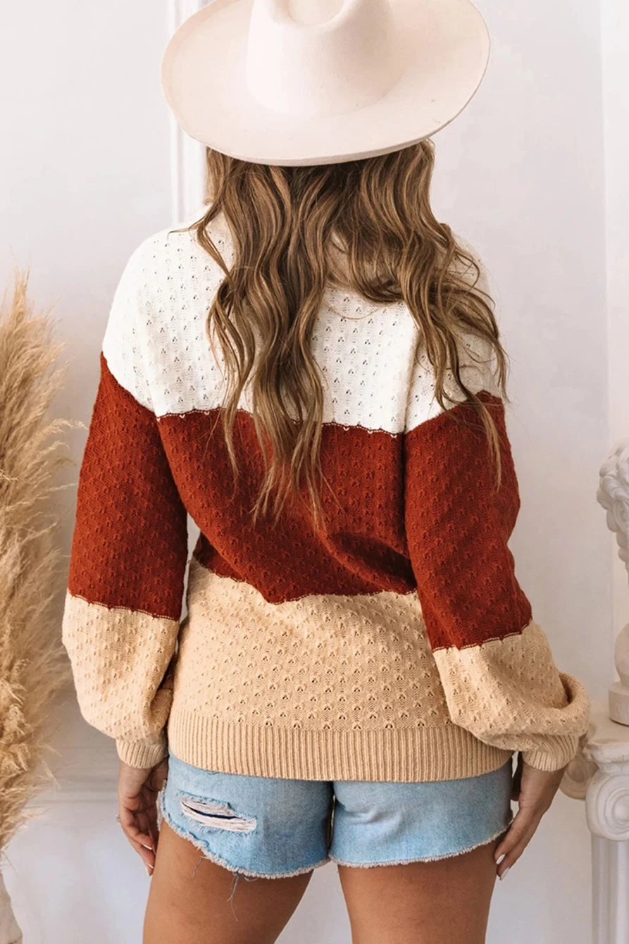 Shewin Women's Brown Knit Long Sleeve Colorblock Pullover Sweater