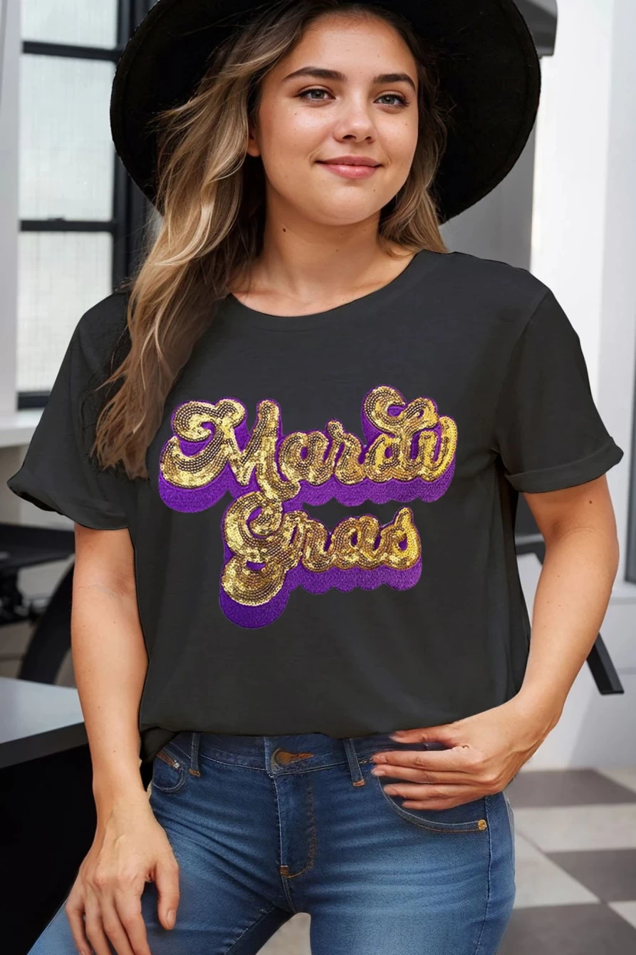 Shewin Women's Black Mardi Gras Sequin Graphic Plus Size T-Shirt