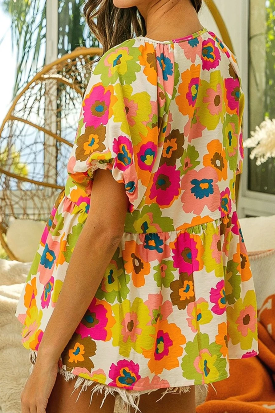Shewin Women's Green Floral Print Puff Sleeve Peplum Blouse for Spring Summer Fashion