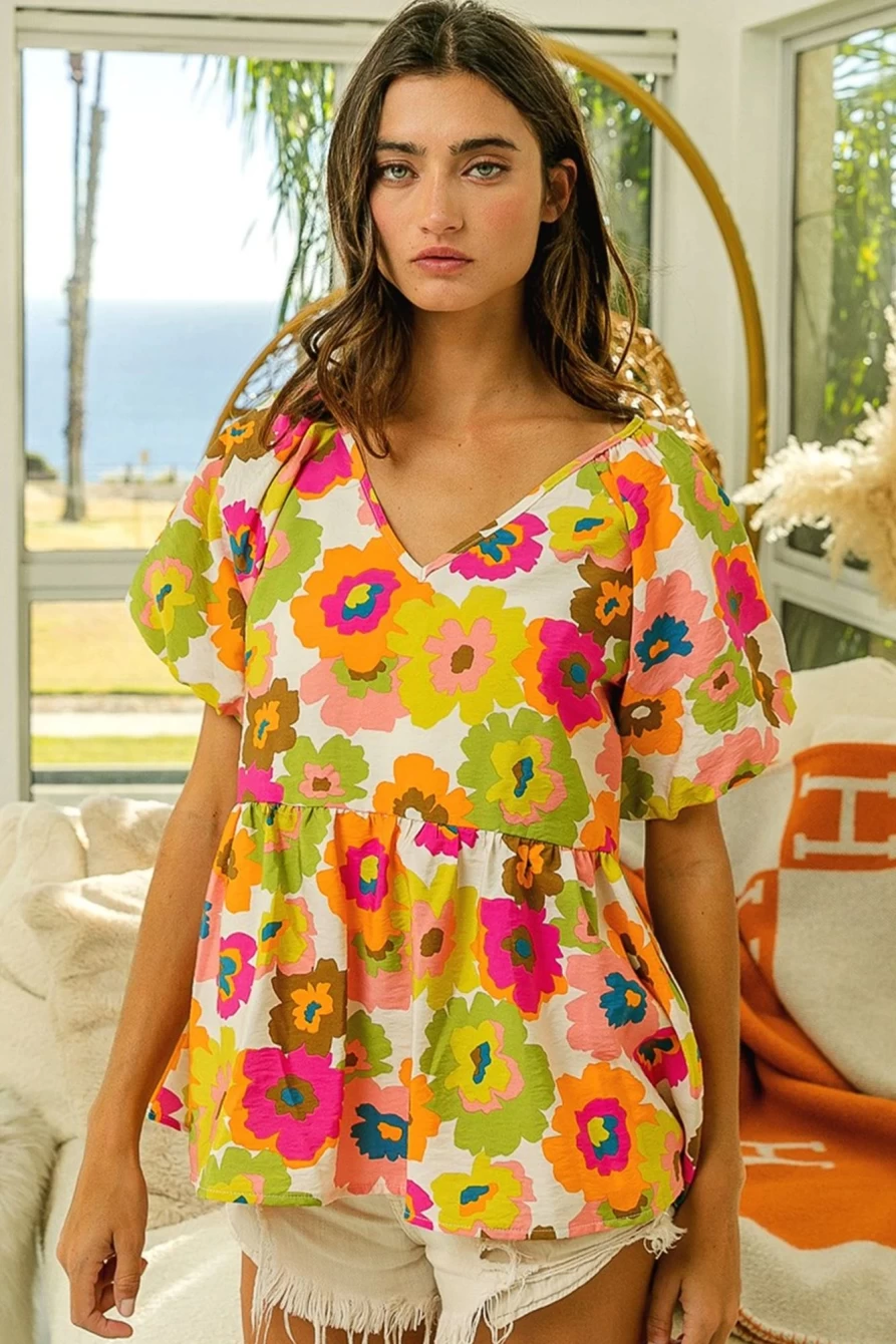 Shewin Women's Green Floral Print Puff Sleeve Peplum Blouse for Spring Summer Fashion