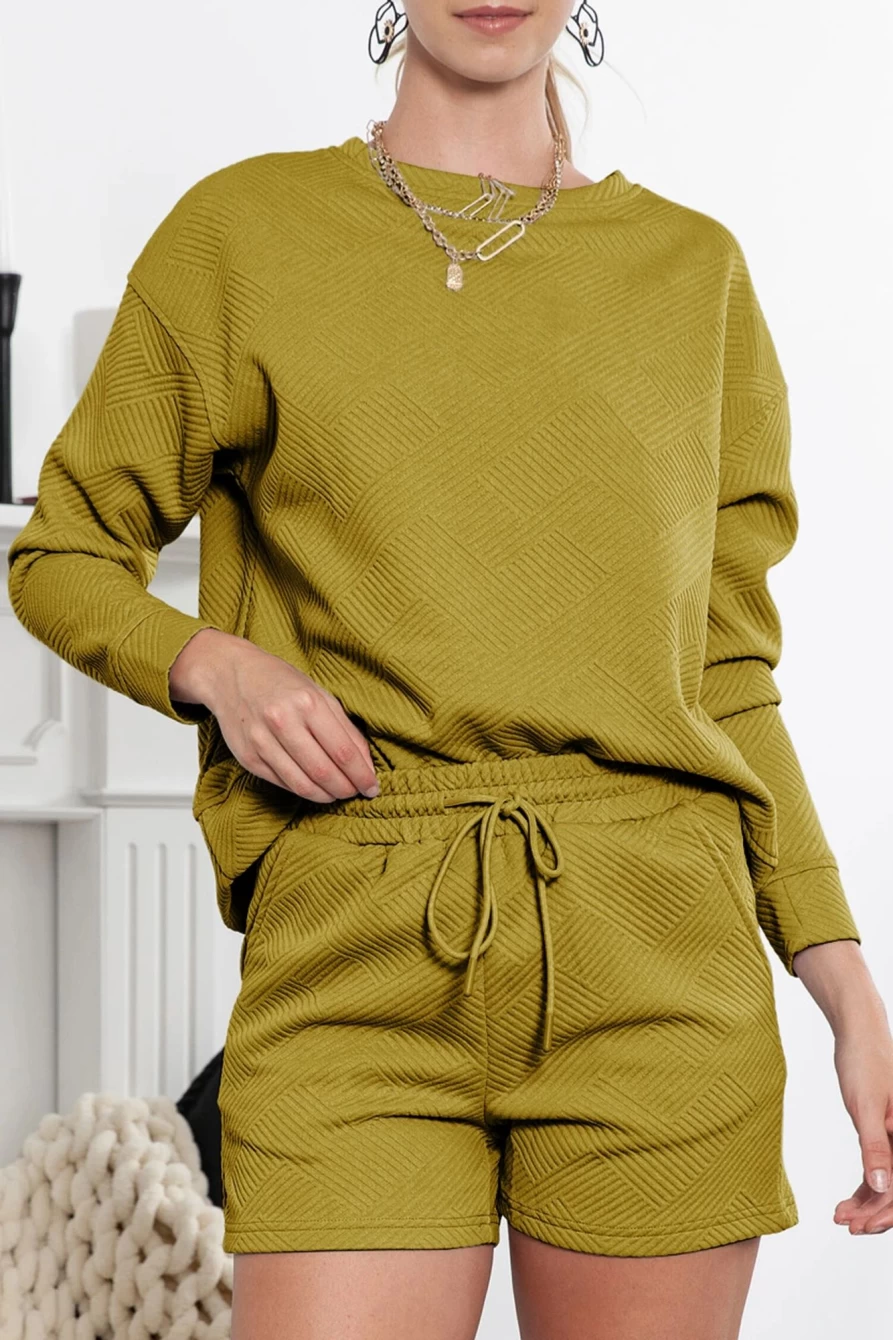 "Women's Beige Textured Long Sleeve Top & Drawstring Shorts Set | SHEWIN"