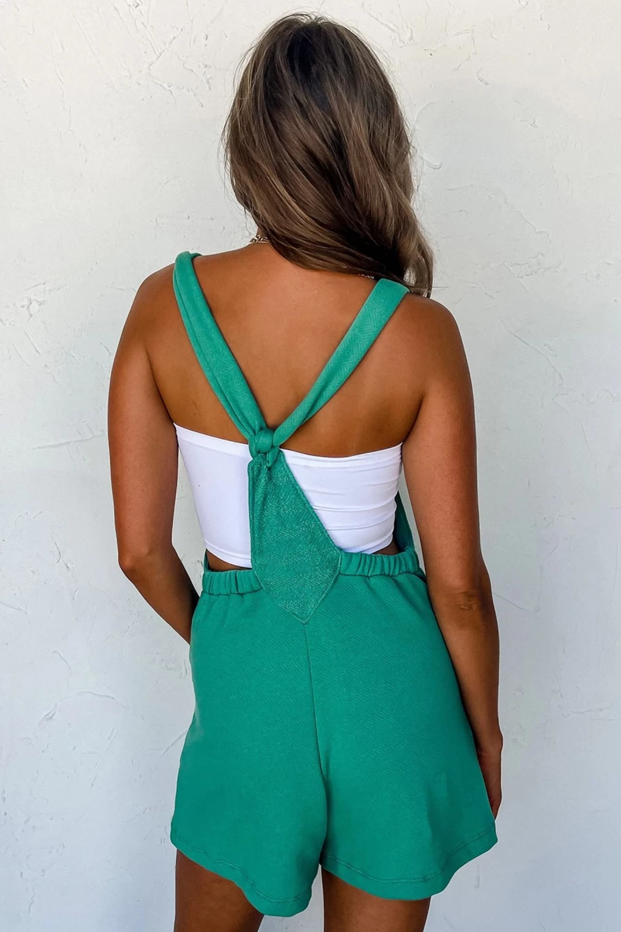 Shewin Women's Mint Green French Terry Romper with Knotted Straps