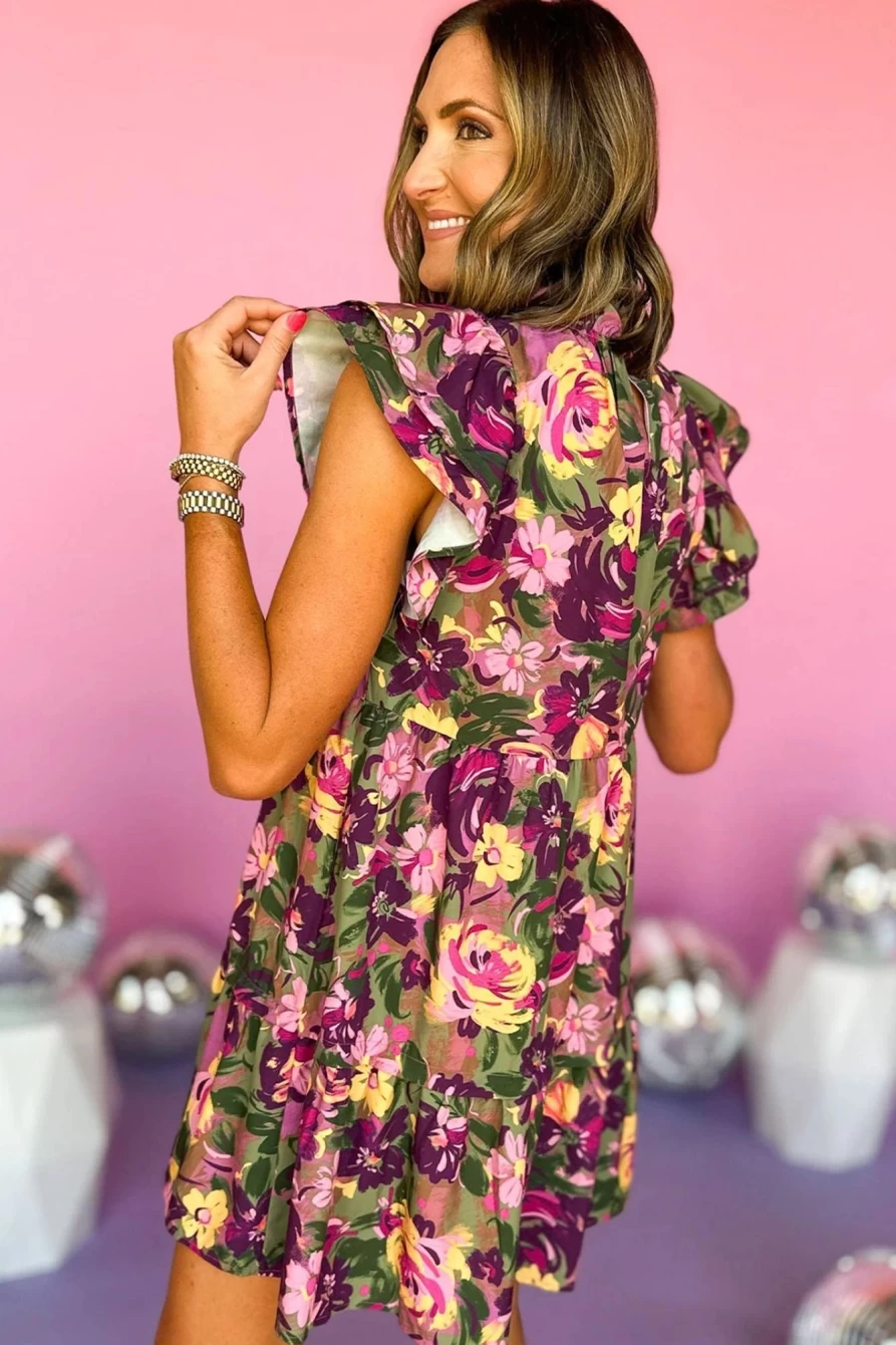 Shewin Women's Green Floral Print Flutter Sleeve Ruffled Mini Dress