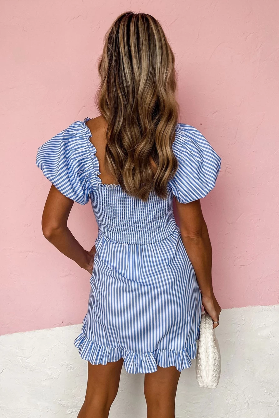 Shewin Women's Striped Square Neck Puff Sleeve Short Dress with Shirred 3D Print Design