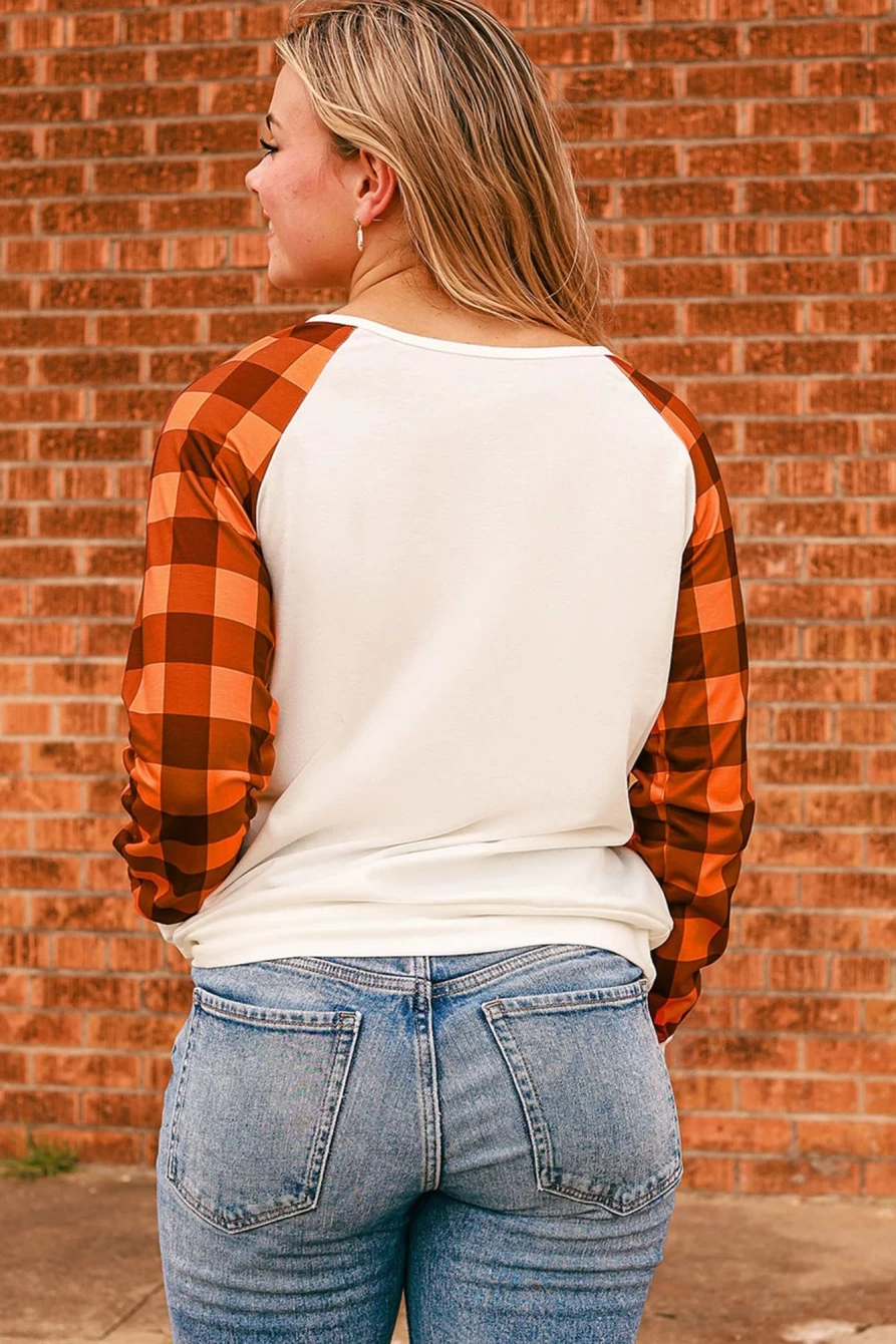 Shewin Women's Orange Plaid Sleeve Farm Fresh Pumpkins Graphic Top