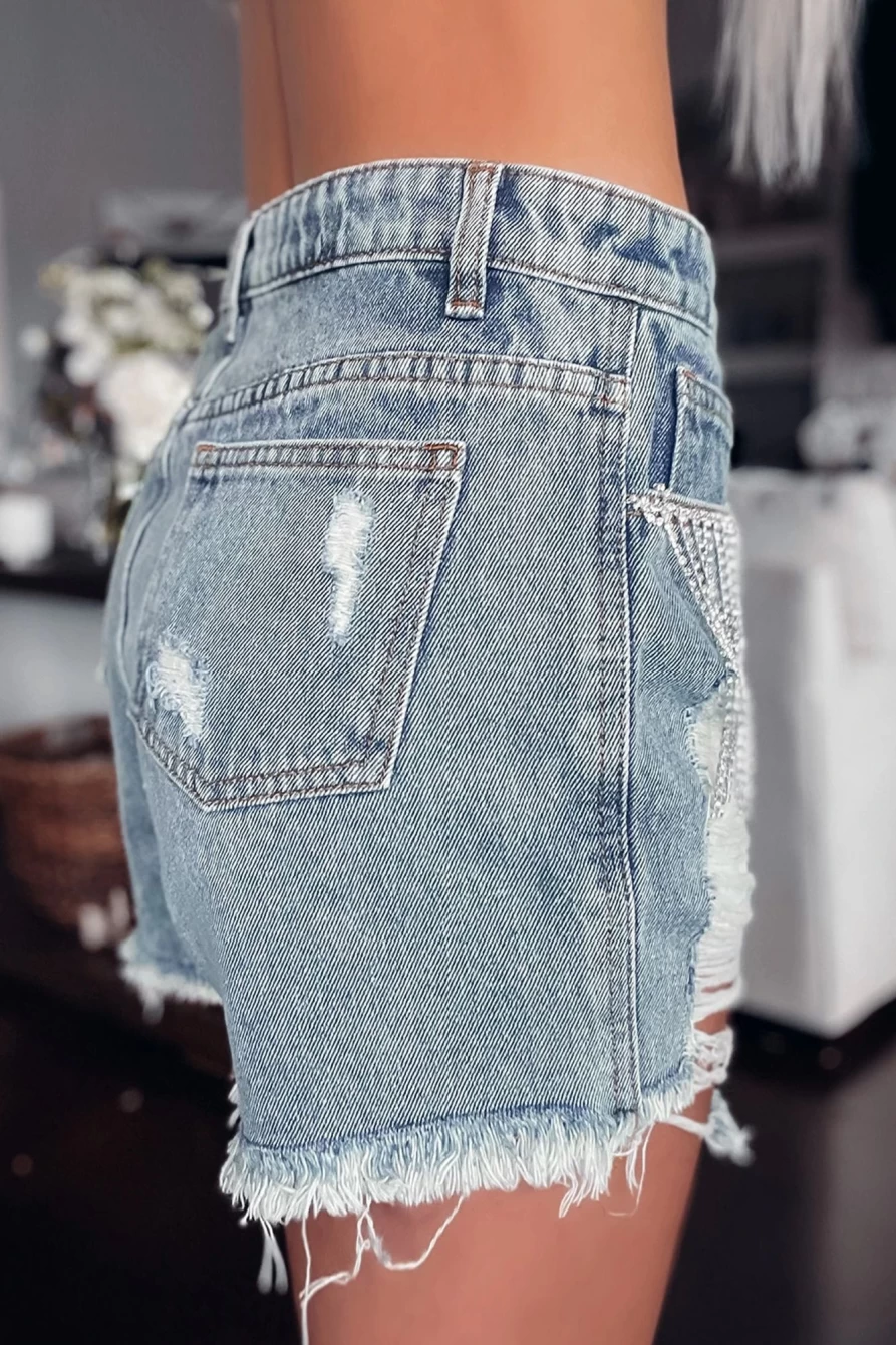 "SheWin Women's Sky Blue Rhinestone Tassel Distressed Denim Shorts Casual Summer Fashion"