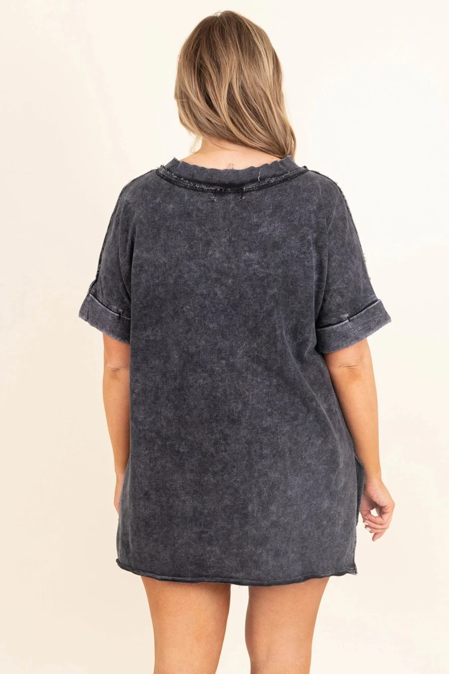Shewin Women's Gray Oversized Distressed Tee with Mineral Wash & Patch Pocket