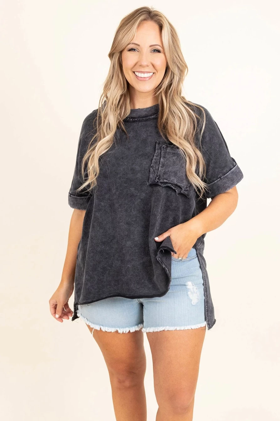Shewin Women's Gray Oversized Distressed Tee with Mineral Wash & Patch Pocket