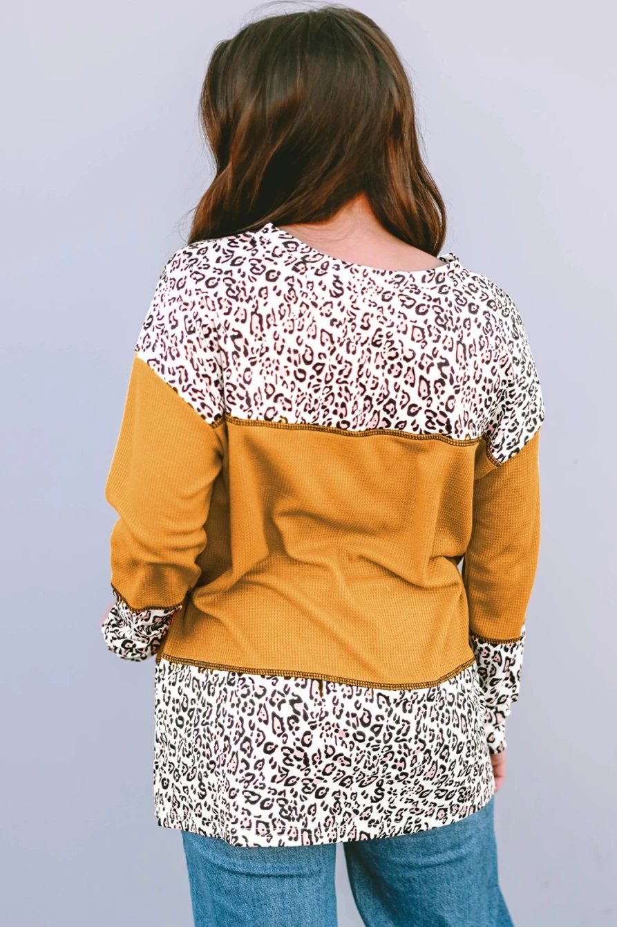 Shewin Women's Vitality Orange Leopard Print Waffle Knit Patchwork Top