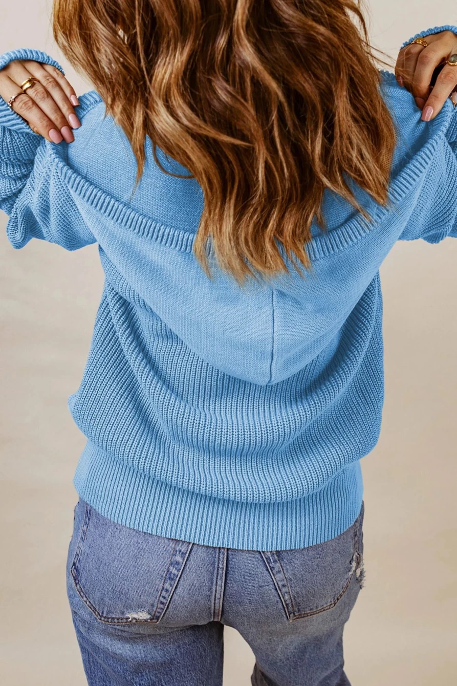 Women's Sky Blue V-Neck Henley Drawstring Hooded Sweater | SHEWIN