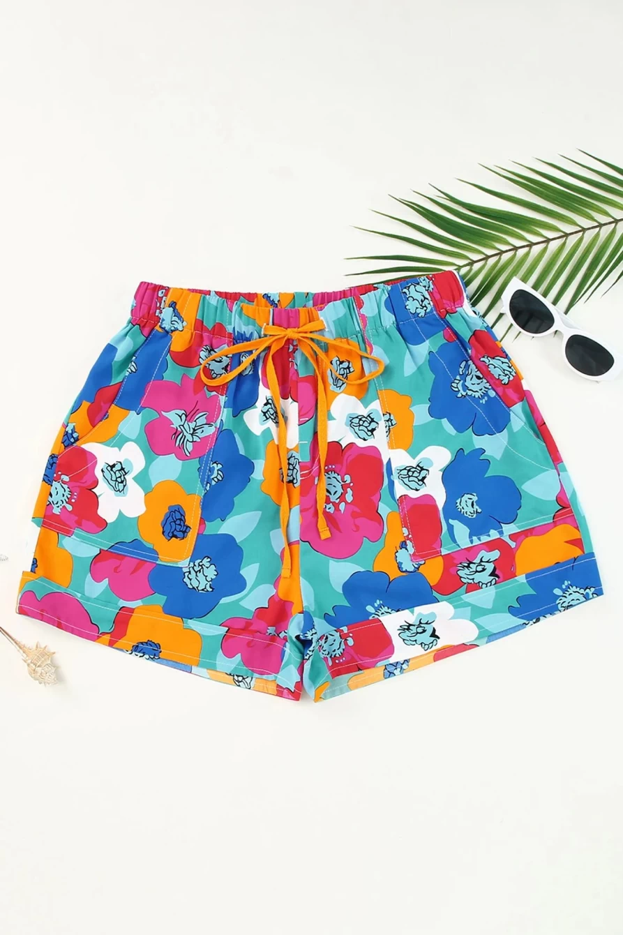 Shewin Women's Multicolor Floral Print Drawstring Elastic Waist Shorts