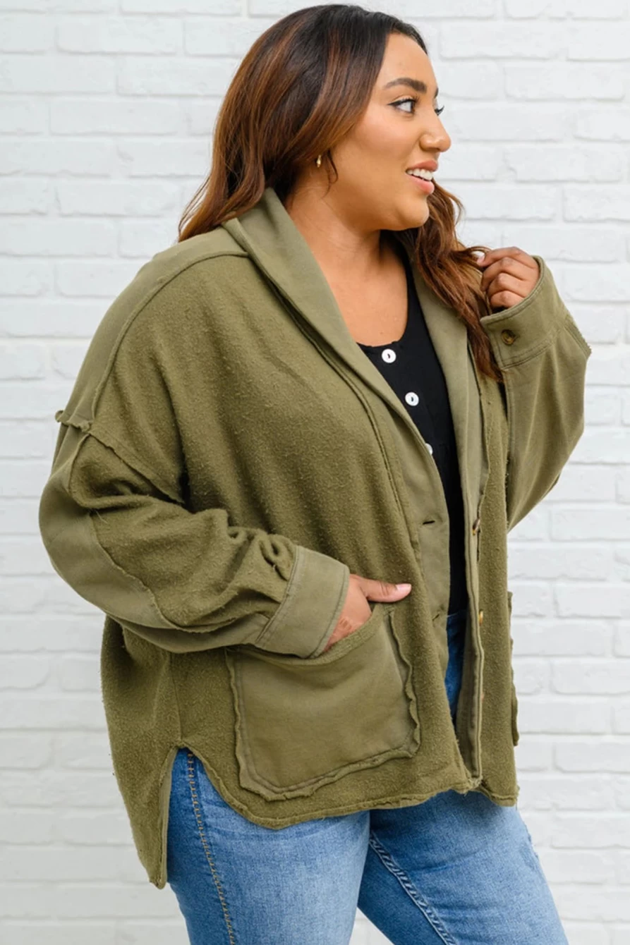 Shewin Women's Green Plus Size Exposed Seam Terry Patchwork Hooded Jacket