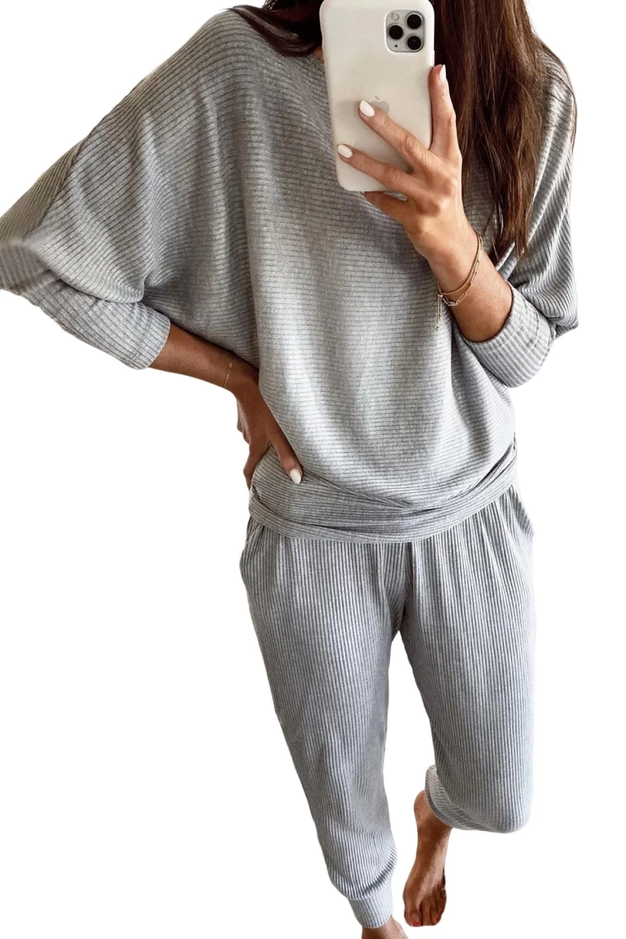 Shewin Women's Light Grey Ribbed Dolman Sleeve Top & Pocketed Pants Set